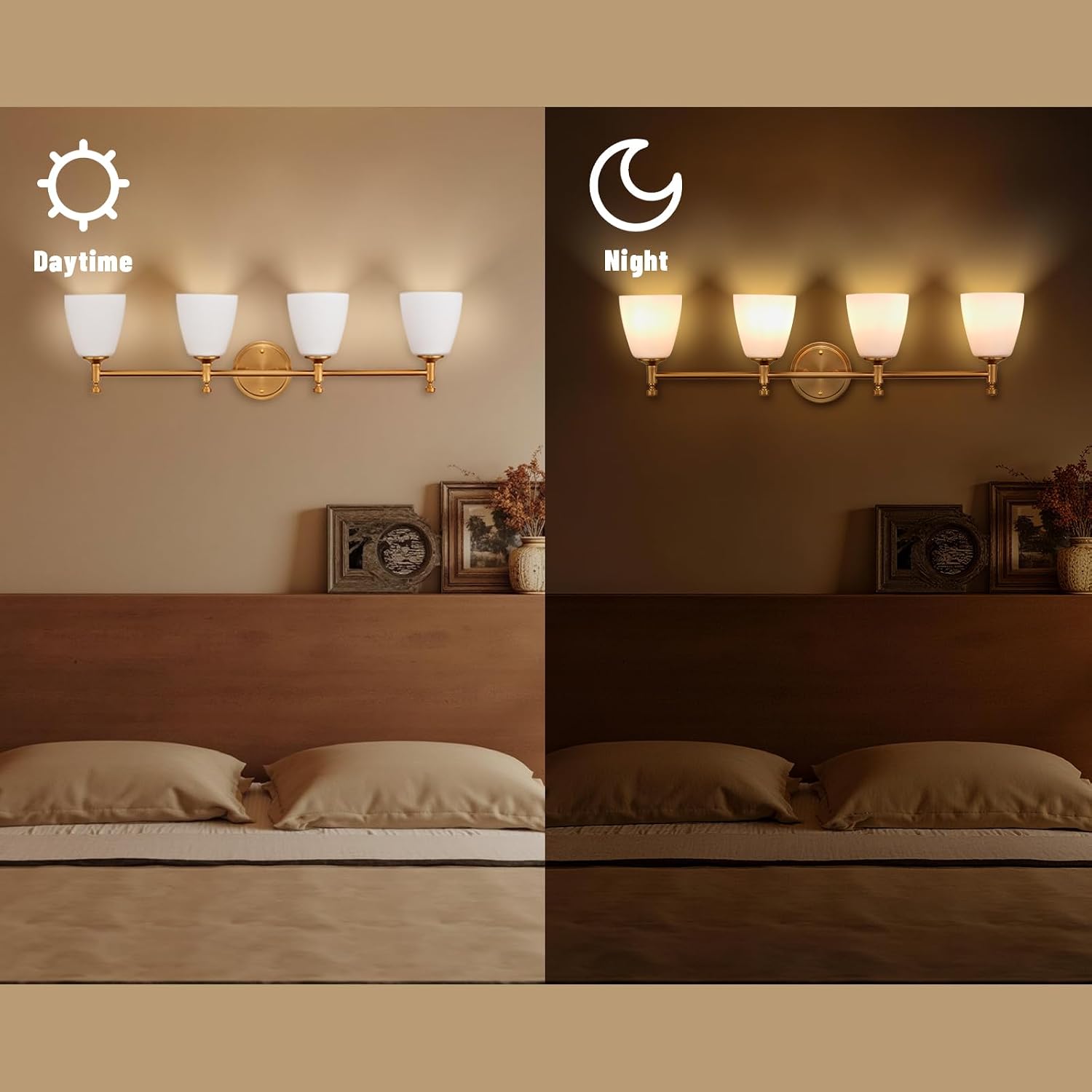 Bathroom Vanity Light Fixture, 4-Light Vintage Bathroom Lighting Fixtures Over Mirror, Antique Brass Finish with Frosted Milk Glass Shade, Wall Sconces Lighting for Bedroom, Living Room, Hallway