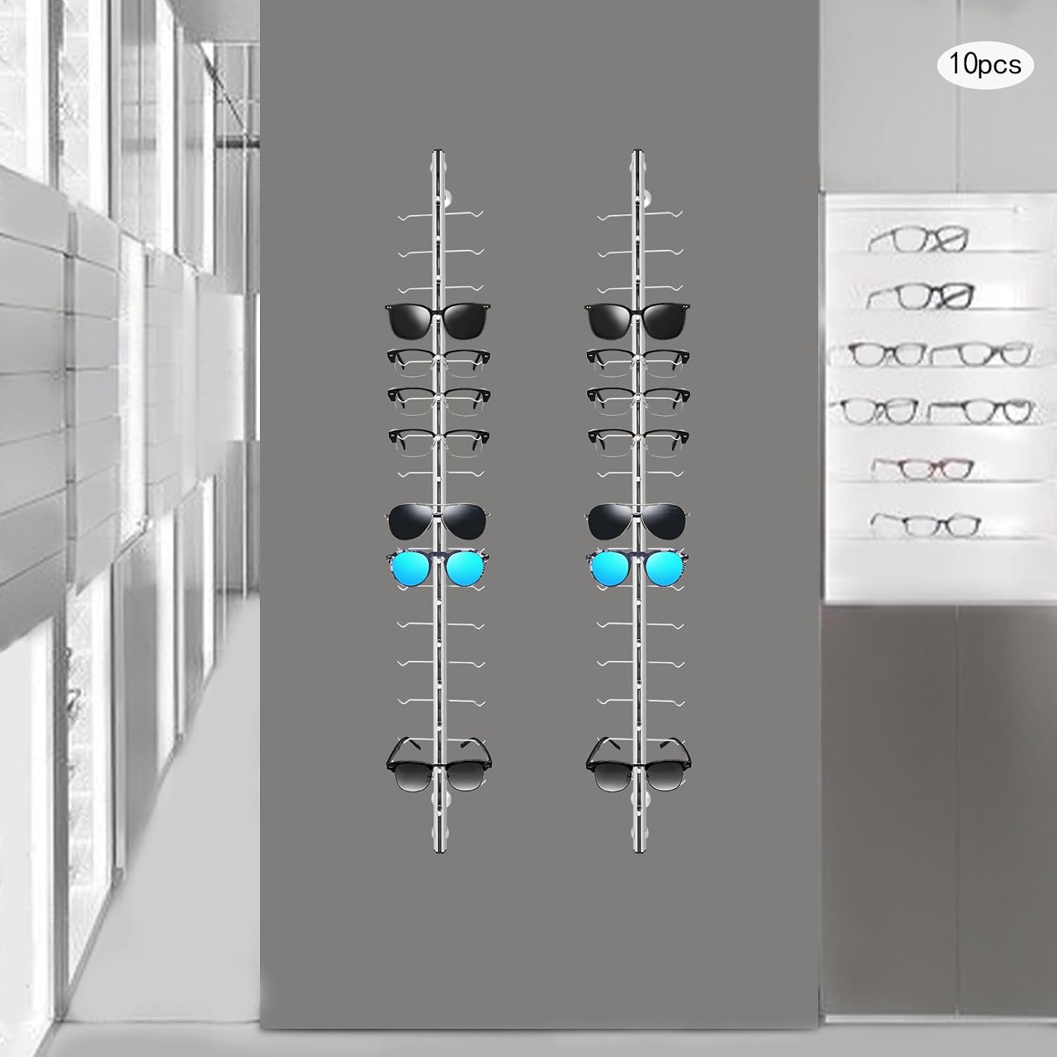 10Pcs Eyeglass Display Stands, Wall Mounted Sunglasses Storage Organizer Aluminium Eyeglasses Holder, 4ft Hold 16 Frames without Lock, Eyewear Glasses Display Rod
