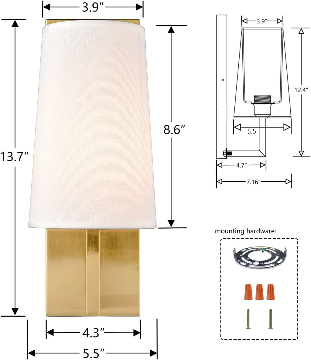 Gold Wall Sconces Set of Two Mid-Century Modern Fabric Shade Sconces Wall Lighting Indoor Brass Wall Lamp for Bedroom Hallway Living Room