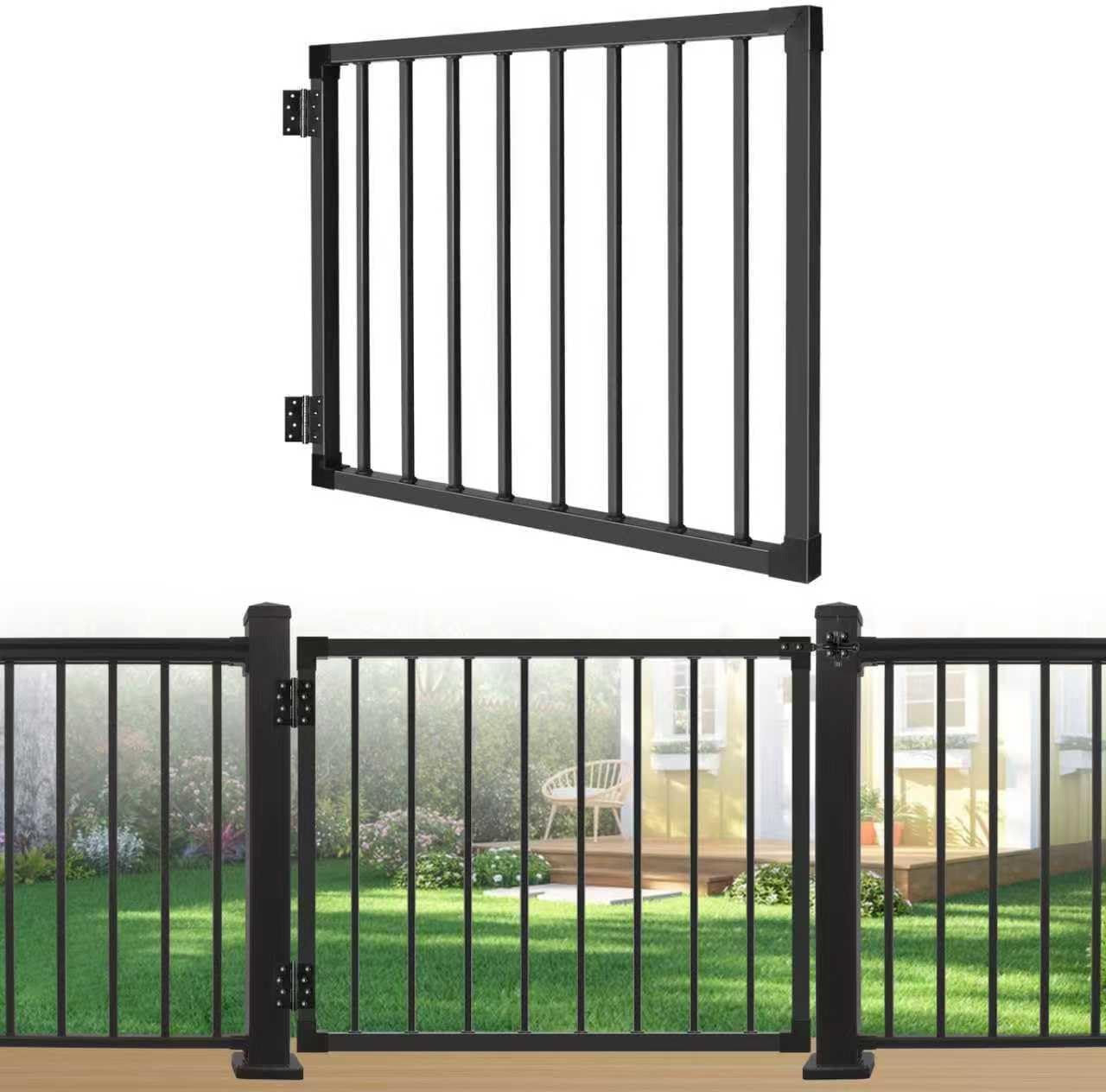 Deck Gate Outoor, 42″ Black Heavy Duty Steel Anti-Rust Fence Door with Adjustable Width (Up to 48'), Easy Installation Metal Gate for Residential, Yard, Patio, with Hinges and Latch