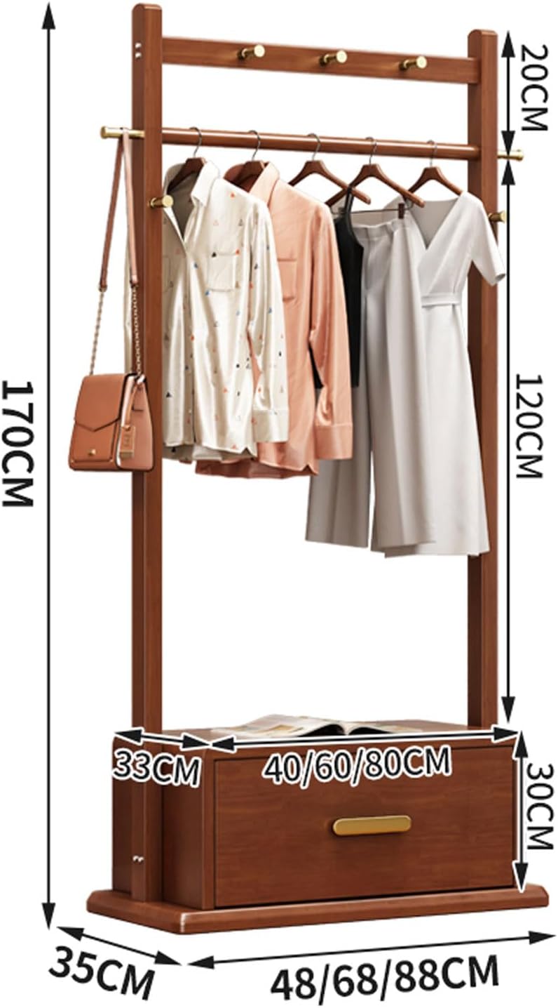 Free Standing Garment Rack Coat Stand with Storage Cabinet, Bamboo Clothes Rail Rack, Portable Open Wardrobe for Hanging Clothes