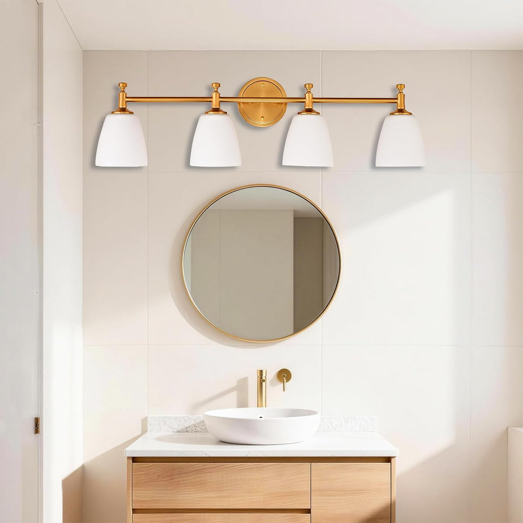 Bathroom Vanity Light Fixture, 4-Light Vintage Bathroom Lighting Fixtures Over Mirror, Antique Brass Finish with Frosted Milk Glass Shade, Wall Sconces Lighting for Bedroom, Living Room, Hallway