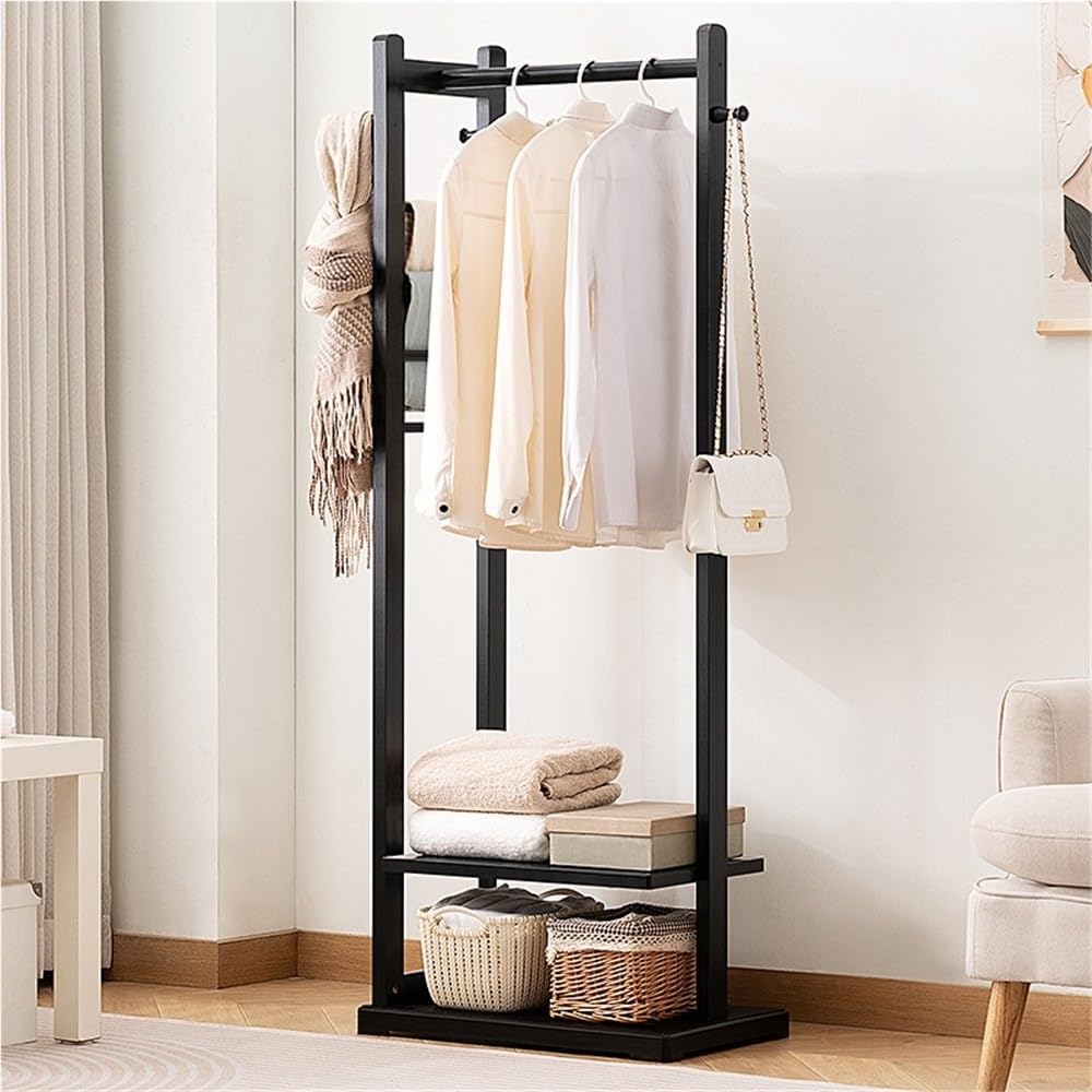 Bamboo Clothing Rack with Shelves and Side Hooks, Freestanding Garment Rack for Hanging Clothes, Floor-Standing Clothes Organizer for Bedroom or Living Room(Black)