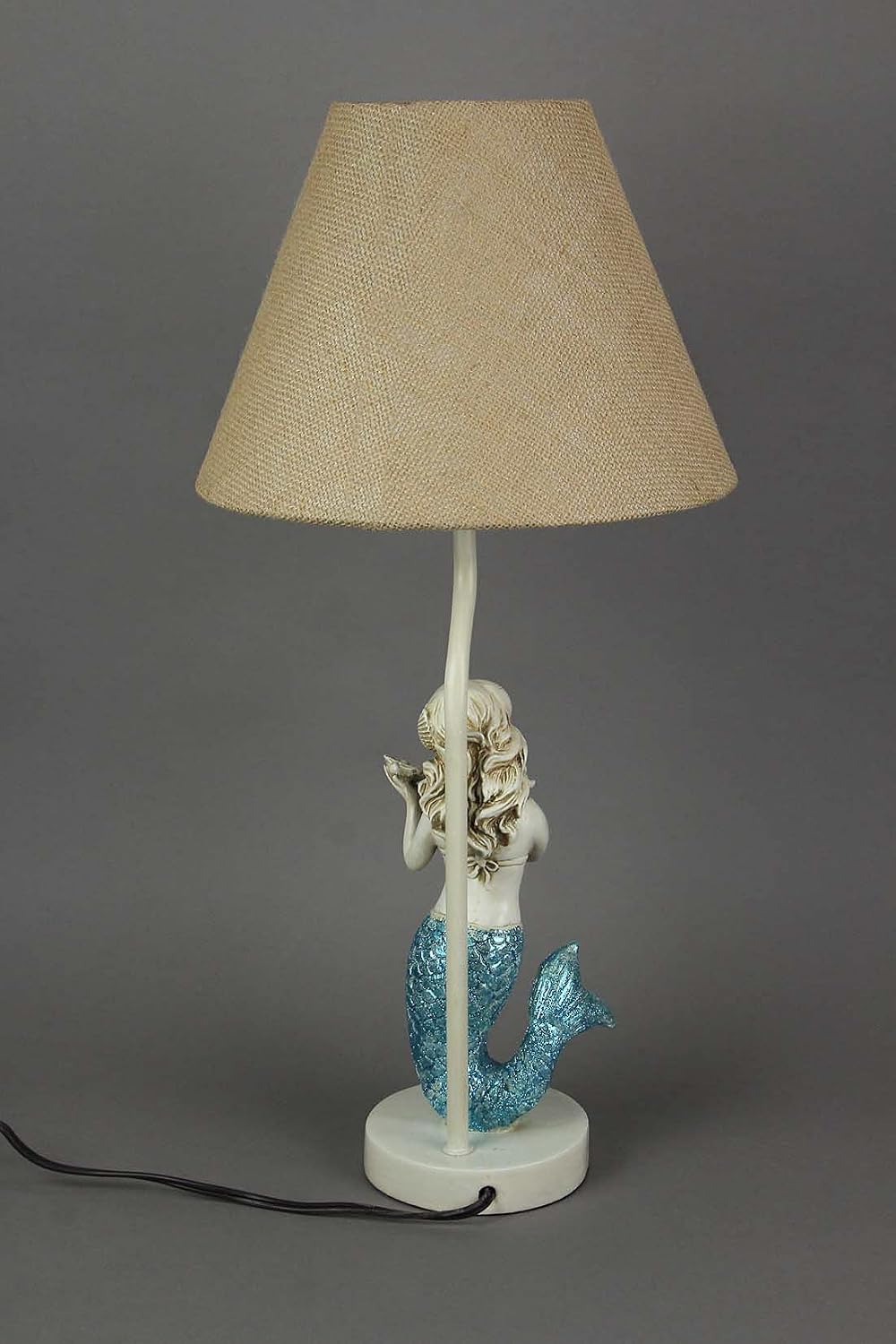 Zeckos Set of 2 Blue Glitter Mermaid Table Lamps Coastal Beach Decor Burlap Shades 22.5 Inches High