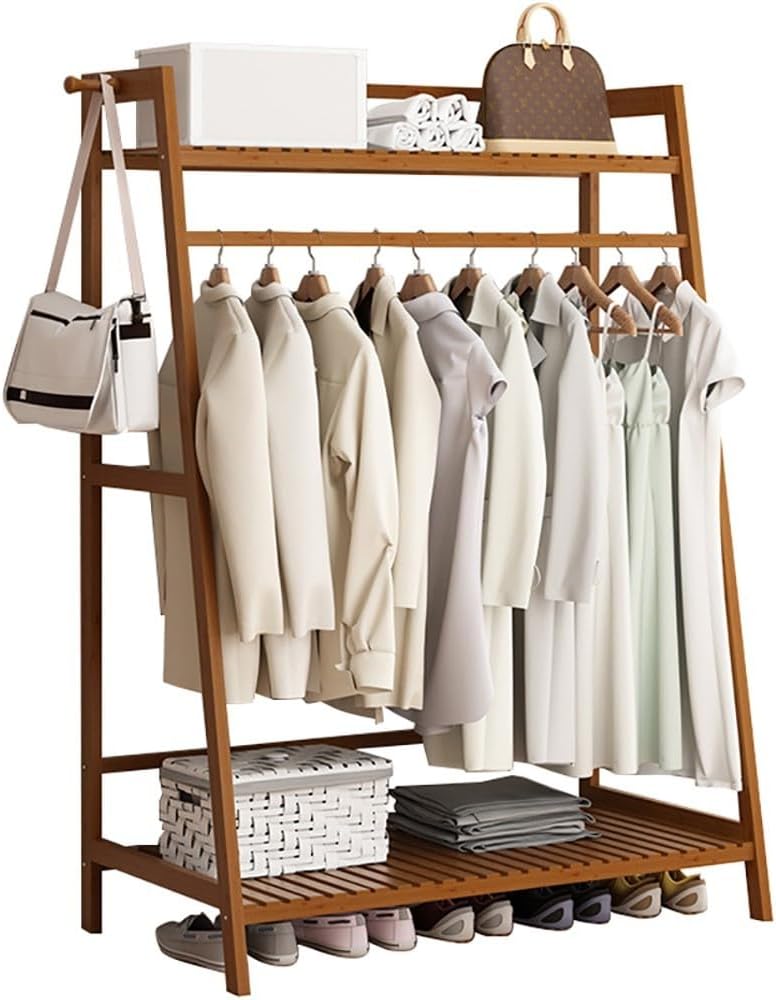 Bamboo Clothes Rail Stand - Freestanding Coat Garment Rack with Hanging Rod, Trapezoid Structure, Open Wardrobe Storage Organiser/A/50 * 40 * 140Cm *40 * 140Cm,B,100(A)*40 * 140Cm