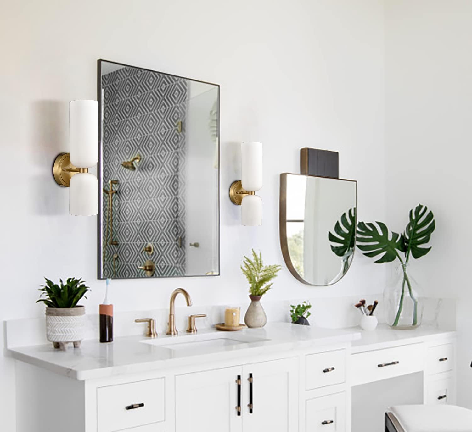 DEYNITE Gold Wall Sconces Set of Two 2-Light Modern Wall Light 3.93'(W)*14.2'(H) Bathroom Vanity Light Milky White Glass