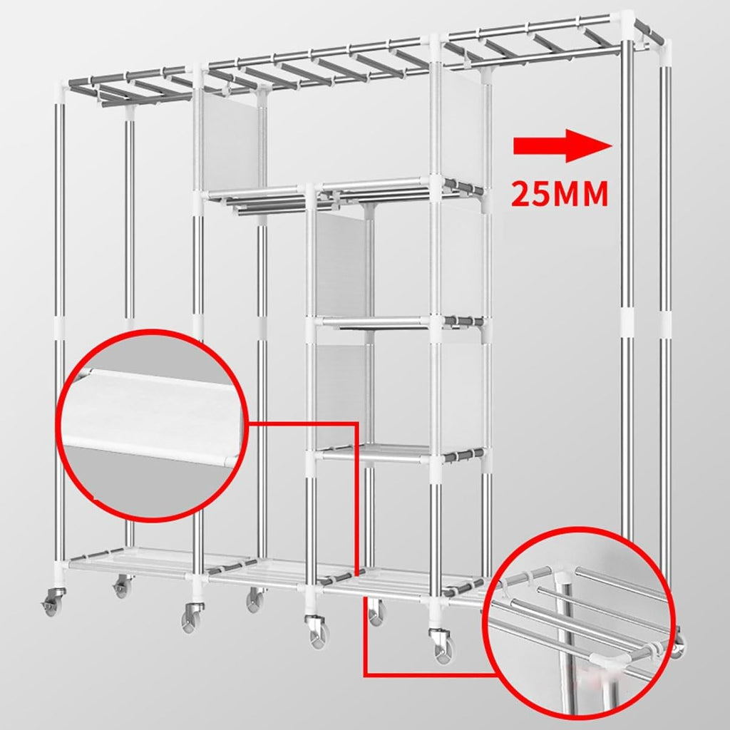Rolling Clothes Rack with Cover for Bedroom Portable Wardrobe Closet for Hanging Clothes Freestanding Garment Rack with Wheels, Rod and Shelves(B)