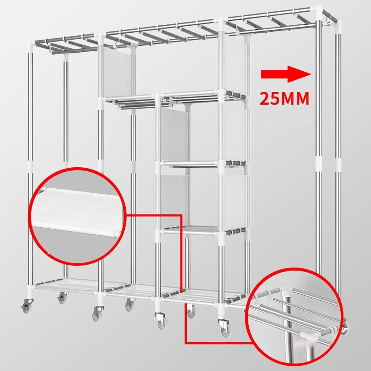 Rolling Clothes Rack with Cover for Bedroom Portable Wardrobe Closet for Hanging Clothes Freestanding Garment Rack with Wheels, Rod and Shelves(B)