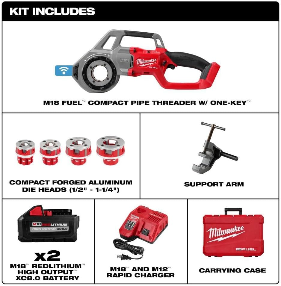 Milwaukee r M18 FUEL Compact Pipe Threader ONE KEY with 1/2inch - 1 1/4inch Die Heads + TPT Premium cart technicpinnacle