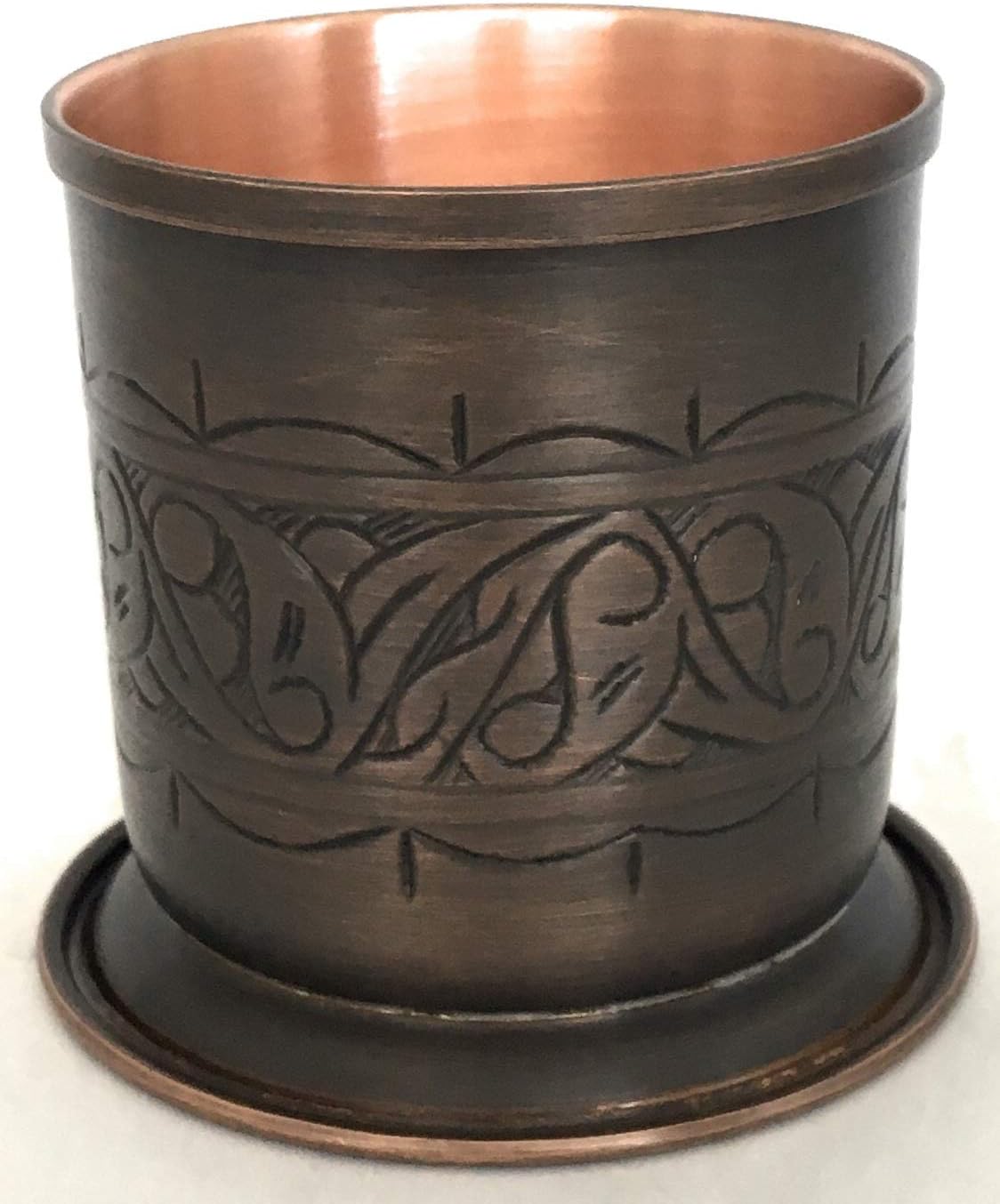 KS Series - Copper Pitcher (45 oz) and Cup (7.7 oz) Set, Moscow Mule Water Jug, Ice Tea and Juice Beverage, Desktop/Bedside Night Water Carafe, Ayurvedic Decanter (Engraved-Antique)