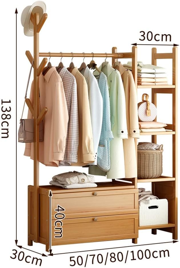 Floor-Standing Solid Wood Rotating Coat Rack，Bamboo Coat Rack with Shelves - Freestanding Garment Rack for Bedroom & Living Room, Stylish Storage Solution for Hanging Clothes, Durable & Eco-