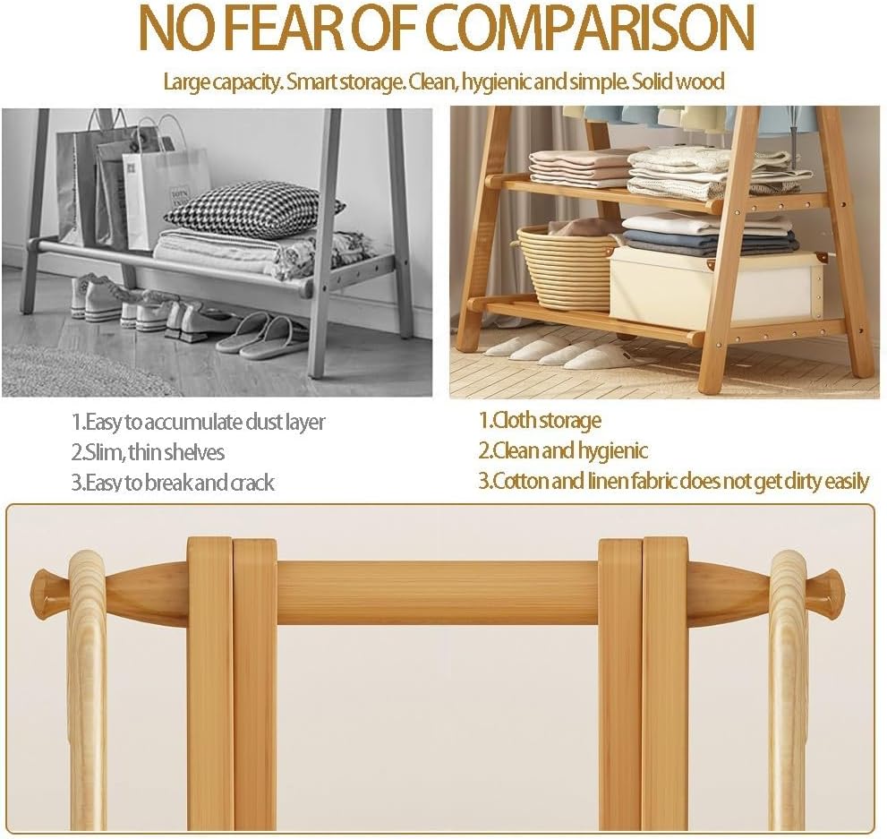 Floor-Standing Solid Wood Rotating Coat Rack，Double Layer Bamboo Clothes Rack, 160cm Hanging Rail, Lightweight Foldable Garment Stand, Versatile Coat Organizer for Bedroom, Space-Saving Stor