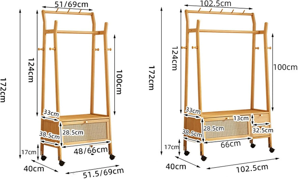 Free Standing Garment Rack with Casters, Bamboo Clothes Rack with Storage Cabinet Clothing Hanging Rail, Open Wardrobe Coat Stands for Bedroom Living Room Hallway