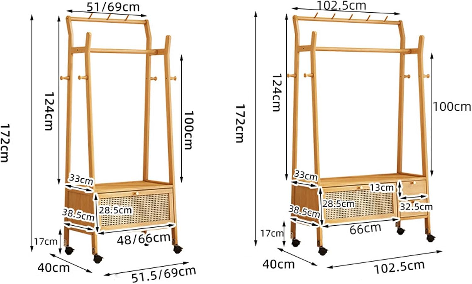 Free Standing Garment Rack with Casters, Bamboo Clothes Rack with Storage Cabinet Clothing Hanging Rail, Open Wardrobe Coat Stands for Bedroom Living Room Hallway
