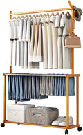 Coat Rack, Garment Rack Hanging Shelves Rolling Wardrobe Clothing Rack With 1 Shoe Shelf 4 Tree Hooks 14 Pants Racks And Hanging Bar Large Standing Bamboo Clothes Storage Max Load 75kg