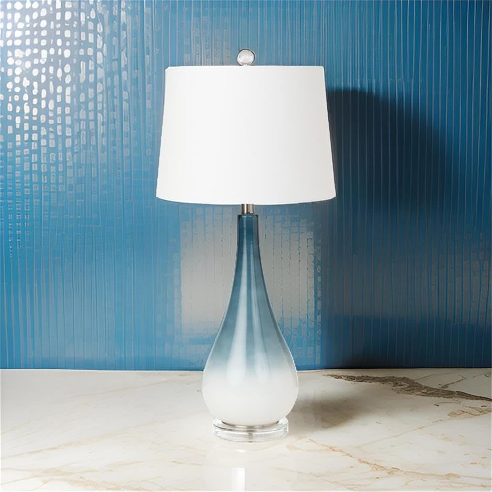 Pemberly Row Coastal Table Lamps Set of 2, 30.5-Inch Blue/White Glass Base, Linen Hardback Shade, 3-Way Switch, Max 100W Standard Bulb, Elegant Lighting for Living Room or Bedroom Decor