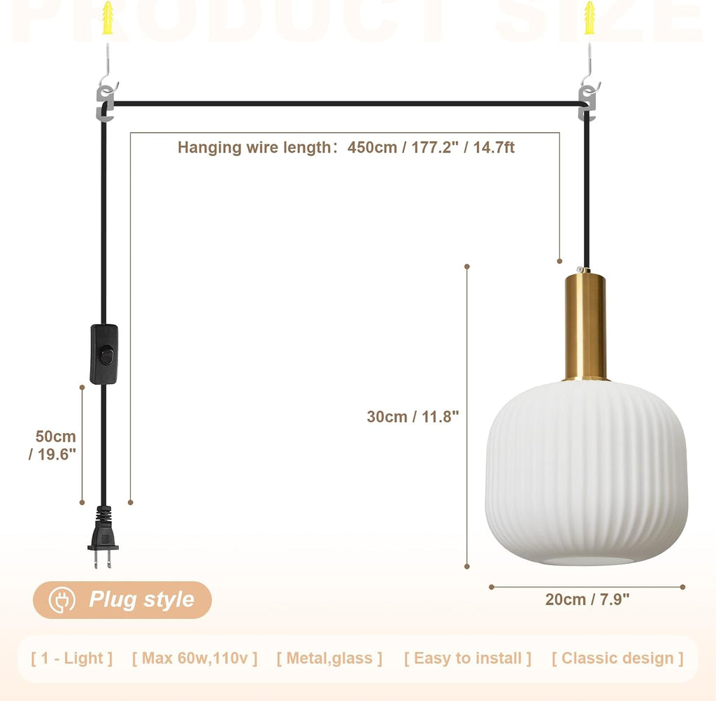 Plug in Pendant Light 2 Pack, Milk White Glass Hanging Light Plug in, Modern Plug-in Pendant Lighting with On/Off Switch, Mid Century Hanging Lamp for Kitchen Island Bedroom Hallway