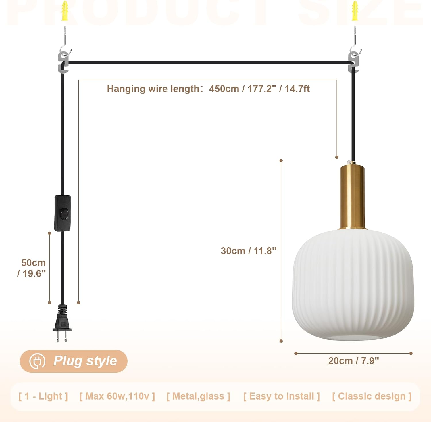 Plug in Pendant Light 2 Pack, Milk White Glass Hanging Light Plug in, Modern Plug-in Pendant Lighting with On/Off Switch, Mid Century Hanging Lamp for Kitchen Island Bedroom Hallway