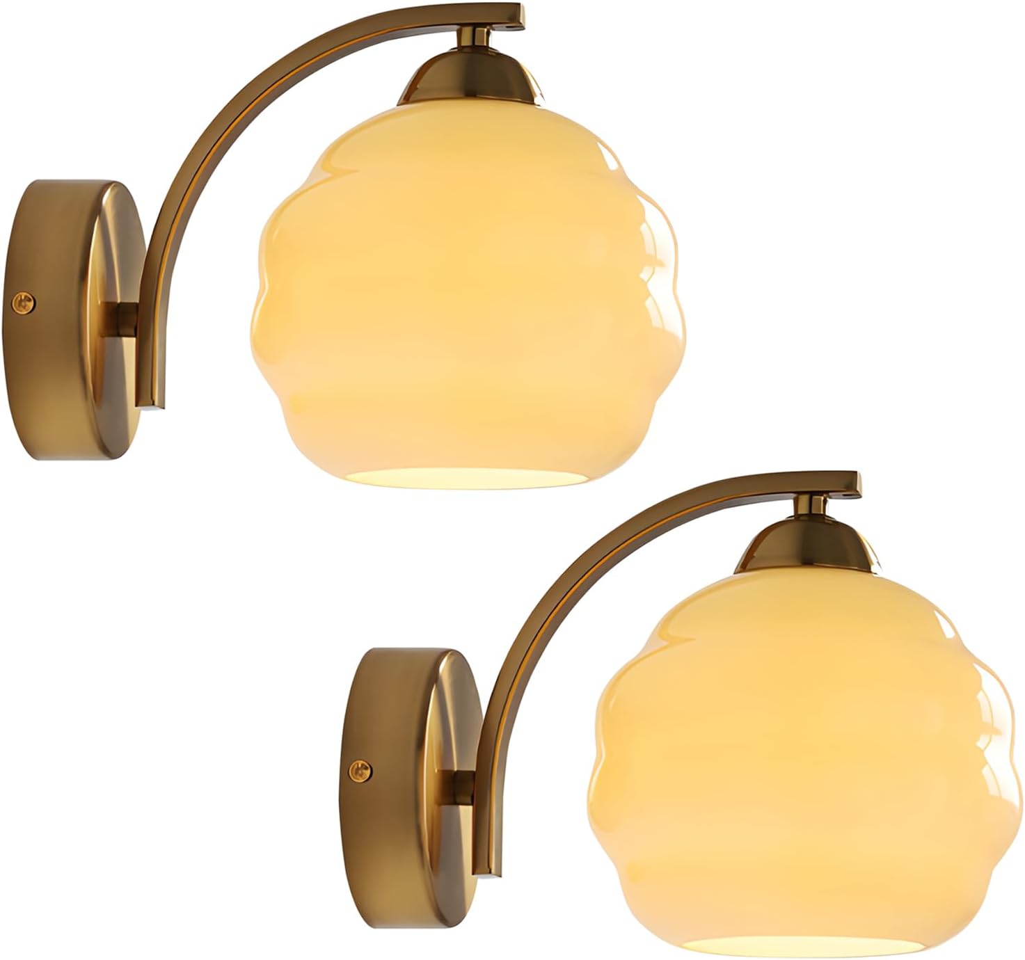 Vintage Brass Wall Sconces Set of Two Modern Brushed Gold Wall Light Fixtures Bathroom Vanity Sconce Lights with Yellow Glass Shade Wall Lamp for Living Room Bedroom Hallway MCL13GD-2 (2 Pack)