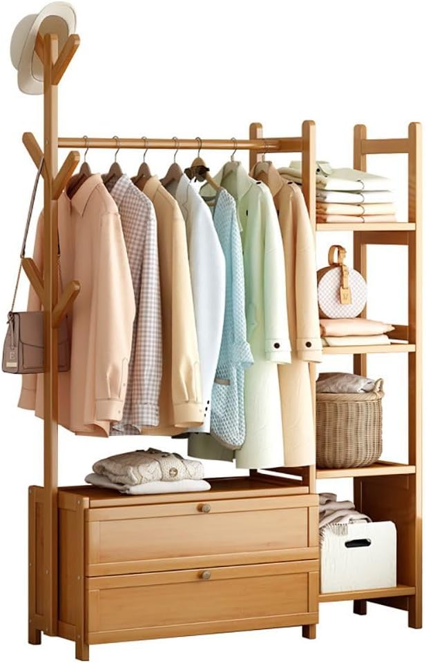 HomeLava Bamboo Garment Rack Heavy Duty Clothes Rack with Drawers Shelves and Side Hook, Clothing Rack for Entry Bedroom (Natural, 39.4'')