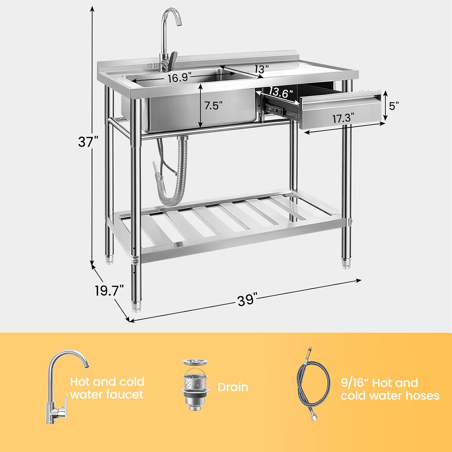 Stainless Steel Utility Sink, 39'' Free Standing Single Bowl Kitchen Sink with Left Right, Cold and Hot Water Pipe, Indoor and Outdoor for Laundry Room Farmhouse Kitchen(39 inch)
