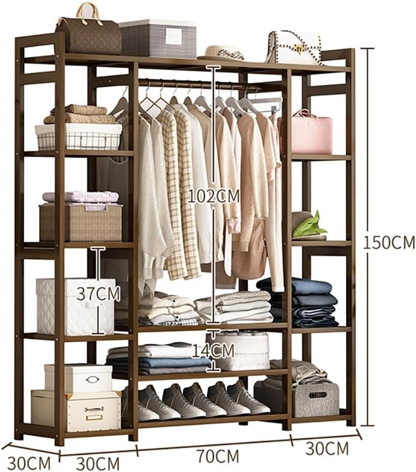 Bamboo Clothes Rack with Hanging Rail Storage Shelves and Compartments Freestanding Portable Closet and Garment Hanger for Bedroom and Entryway