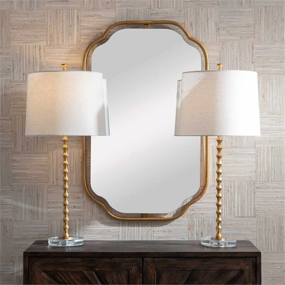 BOWERY HILL Coastal Metal Table Lamp Set of 2, 29 in Tall, Gold Leaf Finish, White Ivory Linen Shade, Crystal Base, Contemporary Transitional Style, Elegant Lighting for Living Room or Bedroom