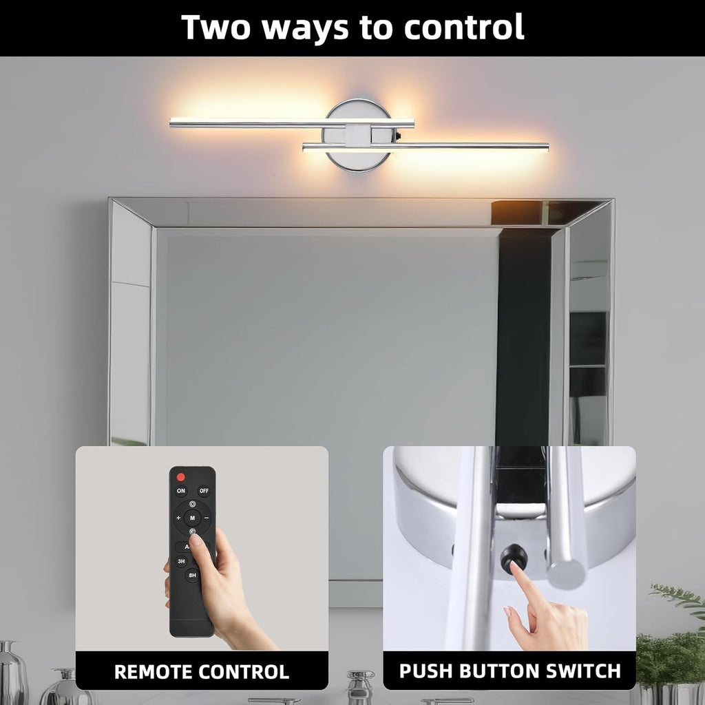 Rechargeable Battery Operated Wall Sconce Set Of Two, Chrome Wireless LED Wall Sconces With Remote Control, Dimmable 3 Colors Cordless wall lights for Living Room, bedroom, Hallway, 23.6 Inch ( 2pcs)