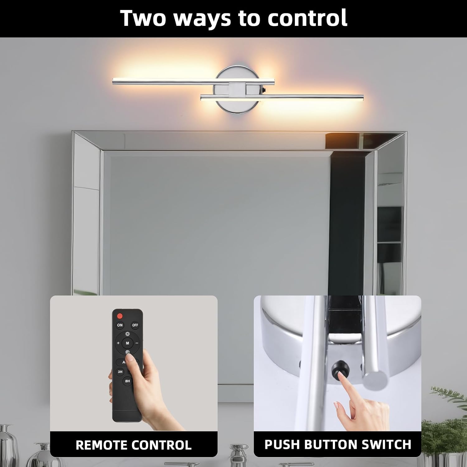 Rechargeable Battery Operated Wall Sconce Set Of Two, Chrome Wireless LED Wall Sconces With Remote Control, Dimmable 3 Colors Cordless wall lights for Living Room, bedroom, Hallway, 23.6 Inch ( 2pcs)