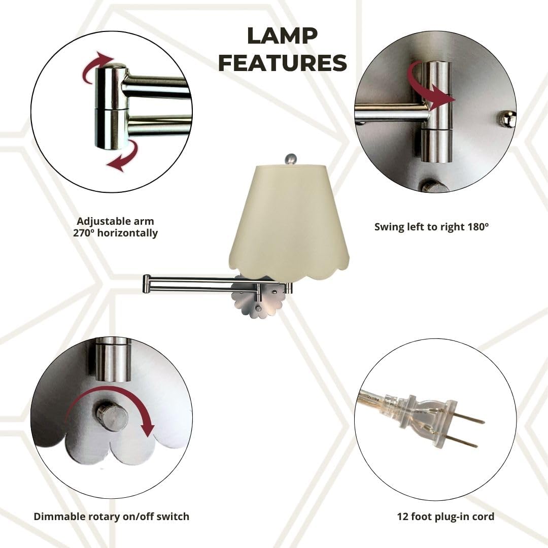 Royal Designs, Inc. Set of 2 Scalloped Swing-Arm Dimmable Wall Lamp - Brushed Nickel Lamp with Beige Scallop Hardback Lampshade