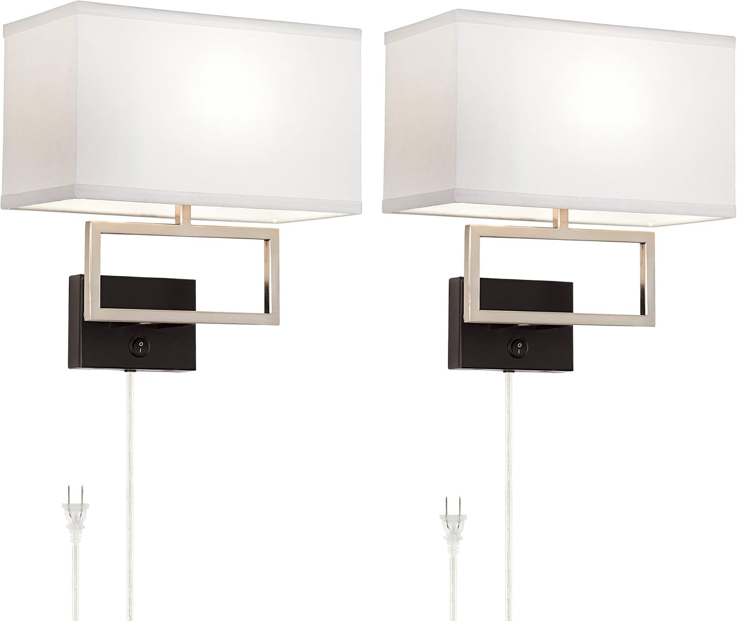 Possini Euro Design Trixie Modern Wall Lamps Set of 2 with Smart Sockets Brushed Nickel Plug-in 12' Fixture Rectangular Fabric Shades for Bedroom Bedside Reading Living Room Hallway House Home