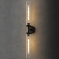 Knurled Brass Tube Wall Sconce - Luxury Modern Dimmable Sconces with Bulbs - Black Glass Vanity Light Fixture - Vertical or Horizontal Mounted Indoor Lighting for Bathroom Bedroom Living Room