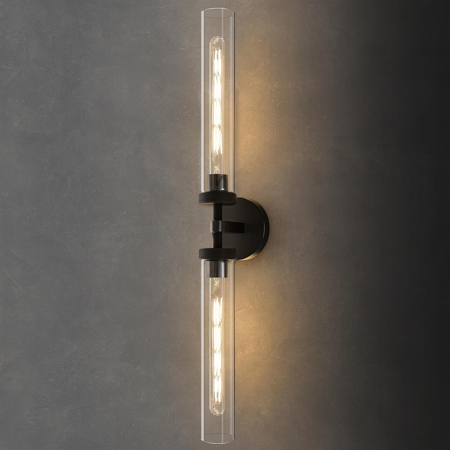Knurled Brass Tube Wall Sconce - Luxury Modern Dimmable Sconces with Bulbs - Black Glass Vanity Light Fixture - Vertical or Horizontal Mounted Indoor Lighting for Bathroom Bedroom Living Room