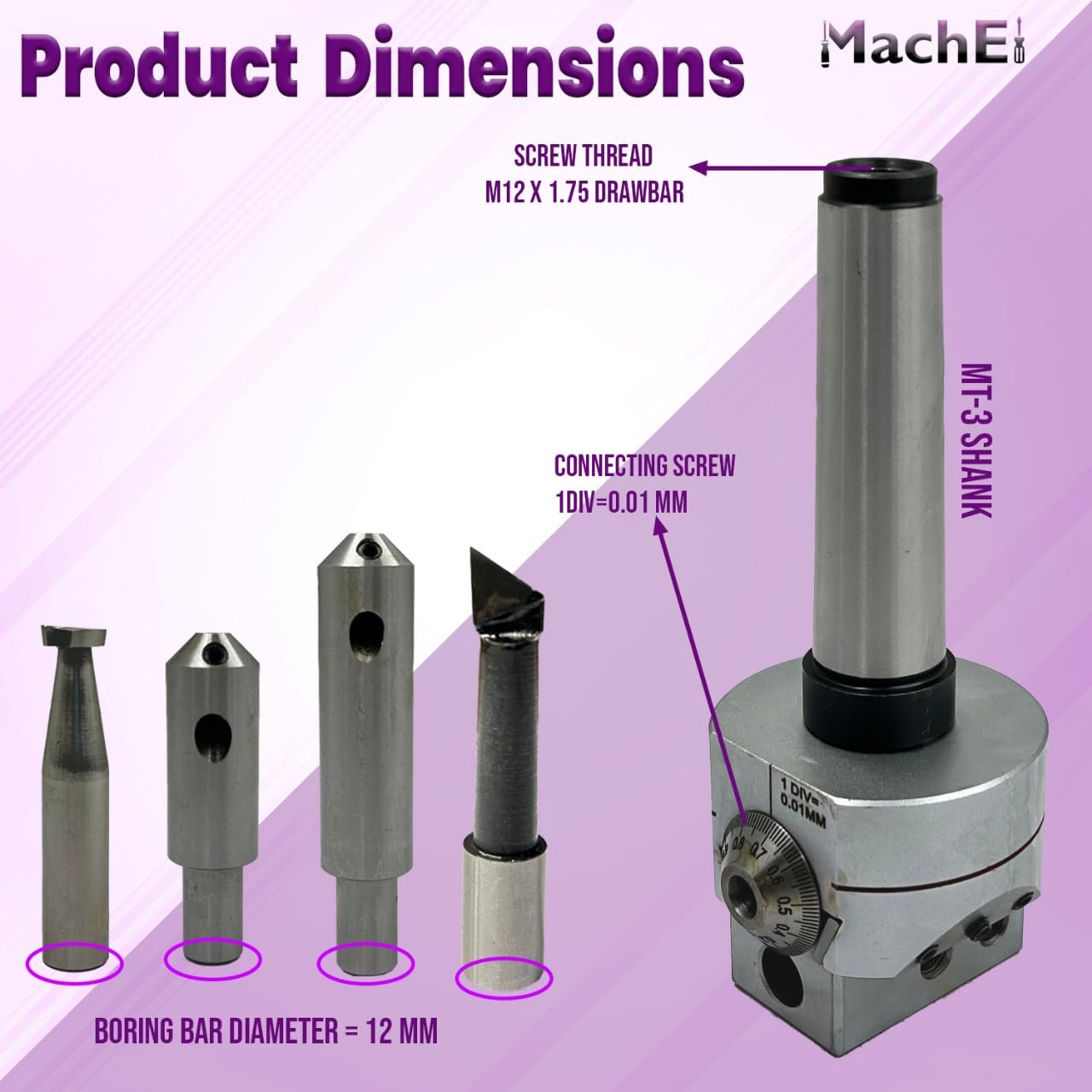 MachEl Boring Head Diameter 62 mm with 1 HSS Tool, 2 Boring Bars, and MT3 Shank (M12 x 1.75 Drawbar), 1 Division: 0.01 mm – Precision Milling Tool