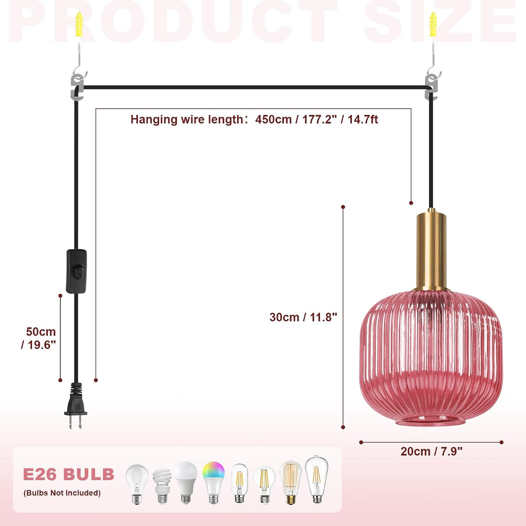 7.9' Pink Glass Plug in Hanging Lights Gold 2 Pack Pendant Light Black 14.75Ft Plug in Cord Striped Shade Modern Chandelier for Kitchen Dining Room Living Room Bedroom