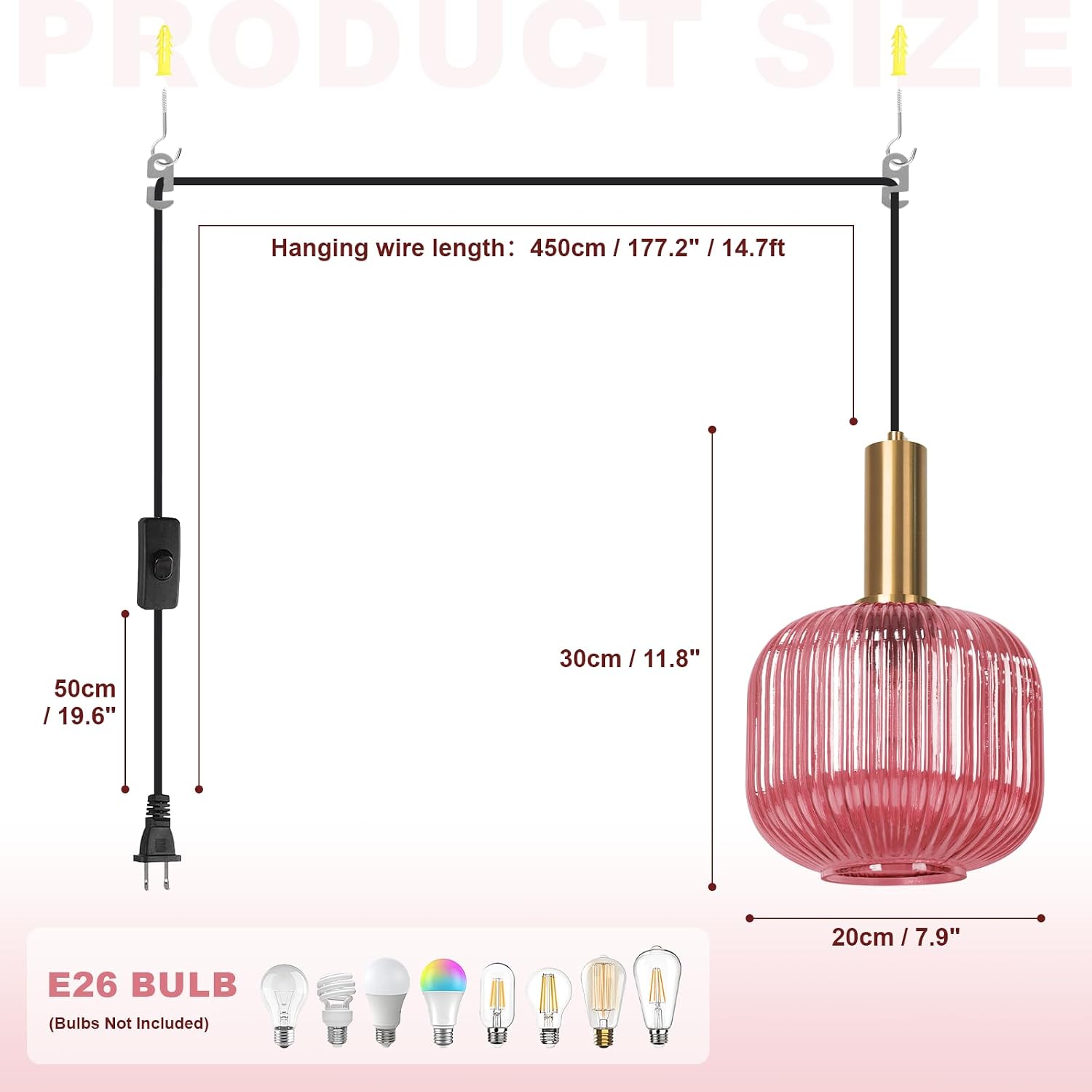 7.9' Pink Glass Plug in Hanging Lights Gold 2 Pack Pendant Light Black 14.75Ft Plug in Cord Striped Shade Modern Chandelier for Kitchen Dining Room Living Room Bedroom