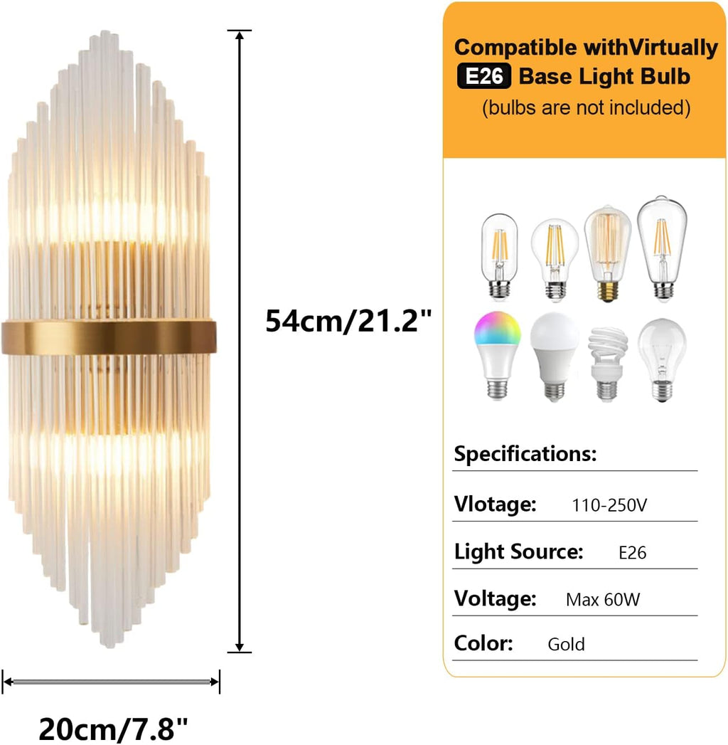 KCO Lighting 2-Light Prism Crystal Wall Sconce Lighting Clear Glass Wall Sconces Set of Two Modern LED Wall Light for Bathroom Mirror Bedroom Bedside (2-Pack)