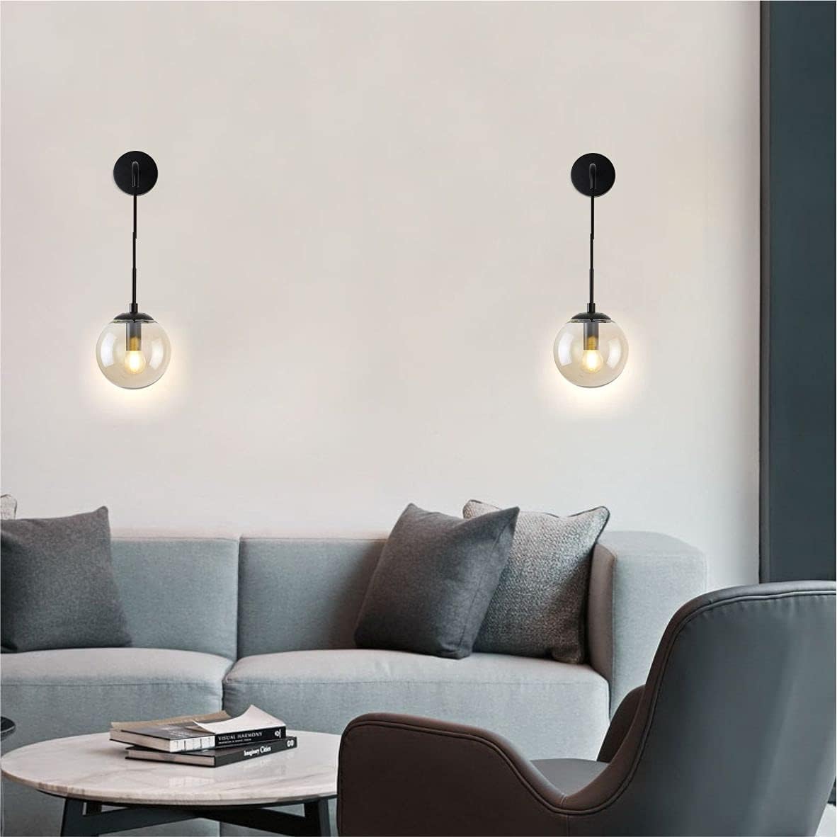 BOKT Matte Black Amber Glass Round Wall Sconce Light Set of Two Mid Century Modern Globe Bathroom Wall Sconce Lamp Set of 2 Farmhouse Industrial Adjustable Bar Wall Light Fixture (Amber)