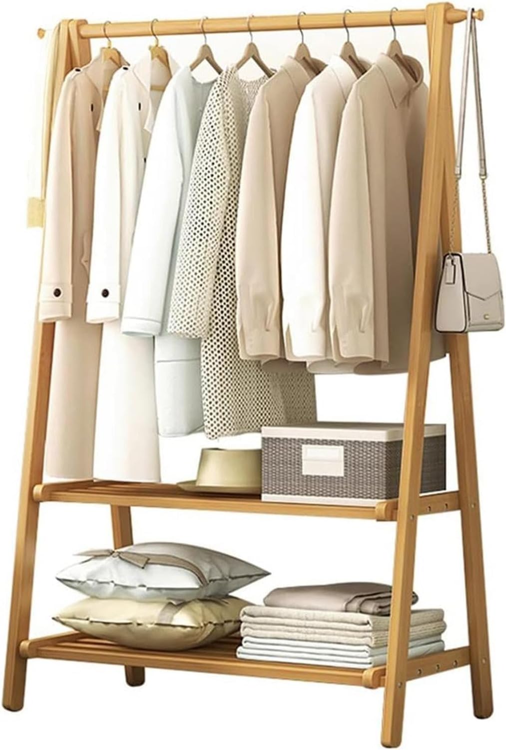 Foldable Bamboo Clothes Rack - Portable Garment Organizer for Bedroom, Living Room & Cloakroom - Space-Saving Hanging Storage Solution, 86cm