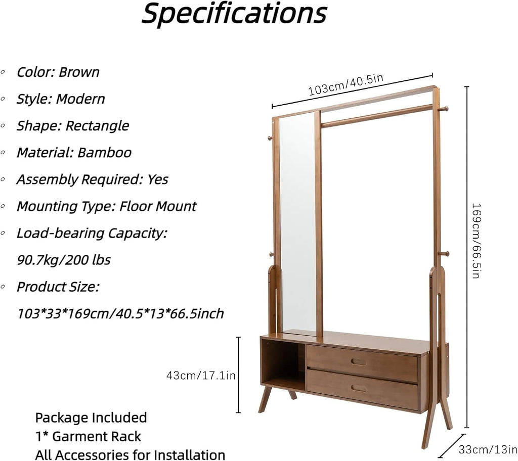 Bamboo Garment Rack Freestanding Clothing Rack with Shelves Hanging Rack with Mirror and Drawer for Bedroom Entryway, Support to 200lbs, 40.5 * 13 * 66.5inch