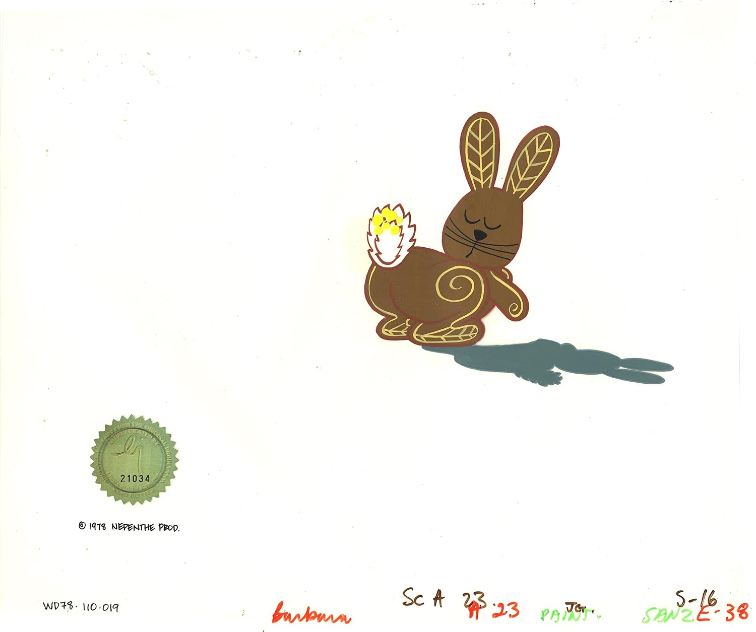 Watership Down Opening Fable El-ahrairah 1978 Production Animation Cel with LJE Seal and COA 110-019