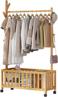 Bamboo Open Wardrobe with Hollow Storage Basket, Clothes Stand Garment Rack with Casters, Clothes Hanging Rail for Clothes Hats Bags