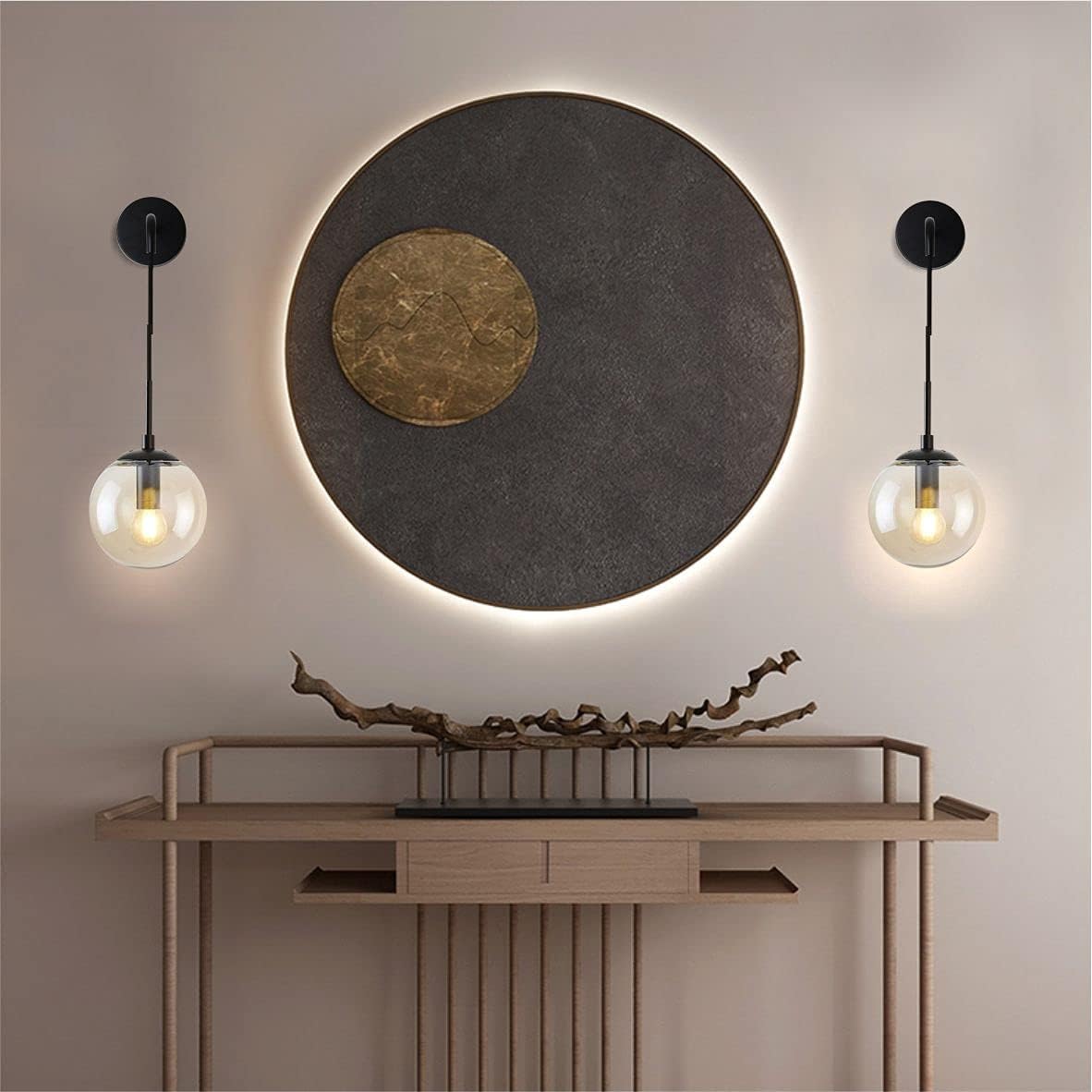 BOKT Matte Black Amber Glass Round Wall Sconce Light Set of Two Mid Century Modern Globe Bathroom Wall Sconce Lamp Set of 2 Farmhouse Industrial Adjustable Bar Wall Light Fixture (Amber)