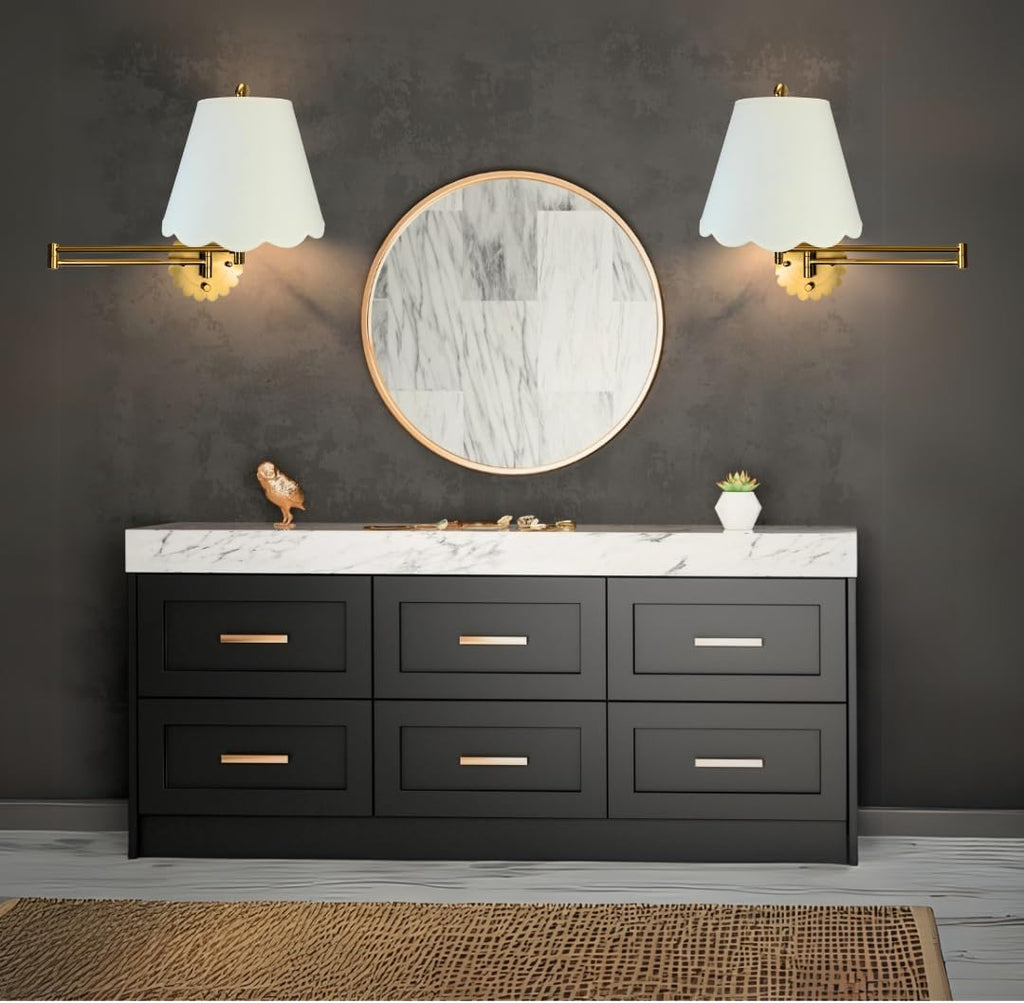 Royal Designs, Inc. Set of 2 Scalloped Swing-Arm Dimmable Wall Lamp - Brushed Satin Brass Lamp with Linen Eggshell Scallop Hardback Lampshade