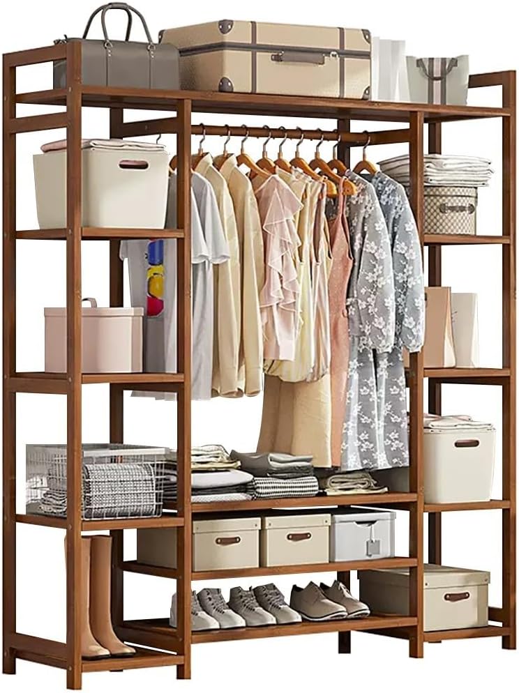Bamboo Clothes Rack with Hanging Rod 2 Shelves and Hooks Freestanding Coat Garment Stand for Bedroom and Hallway Natural Wood nizer for Clothing Storage