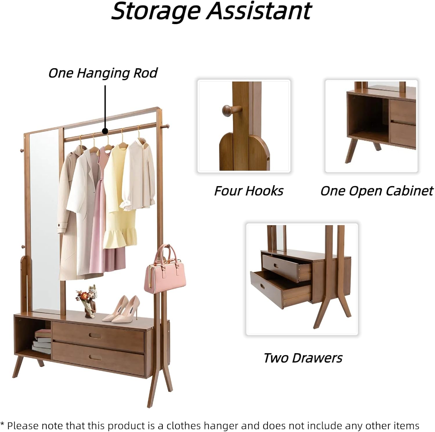 Bamboo Garment Rack Freestanding Clothing Rack with Shelves Hanging Rack with Mirror and Drawer for Bedroom Entryway, Support to 200lbs, 40.5 * 13 * 66.5inch
