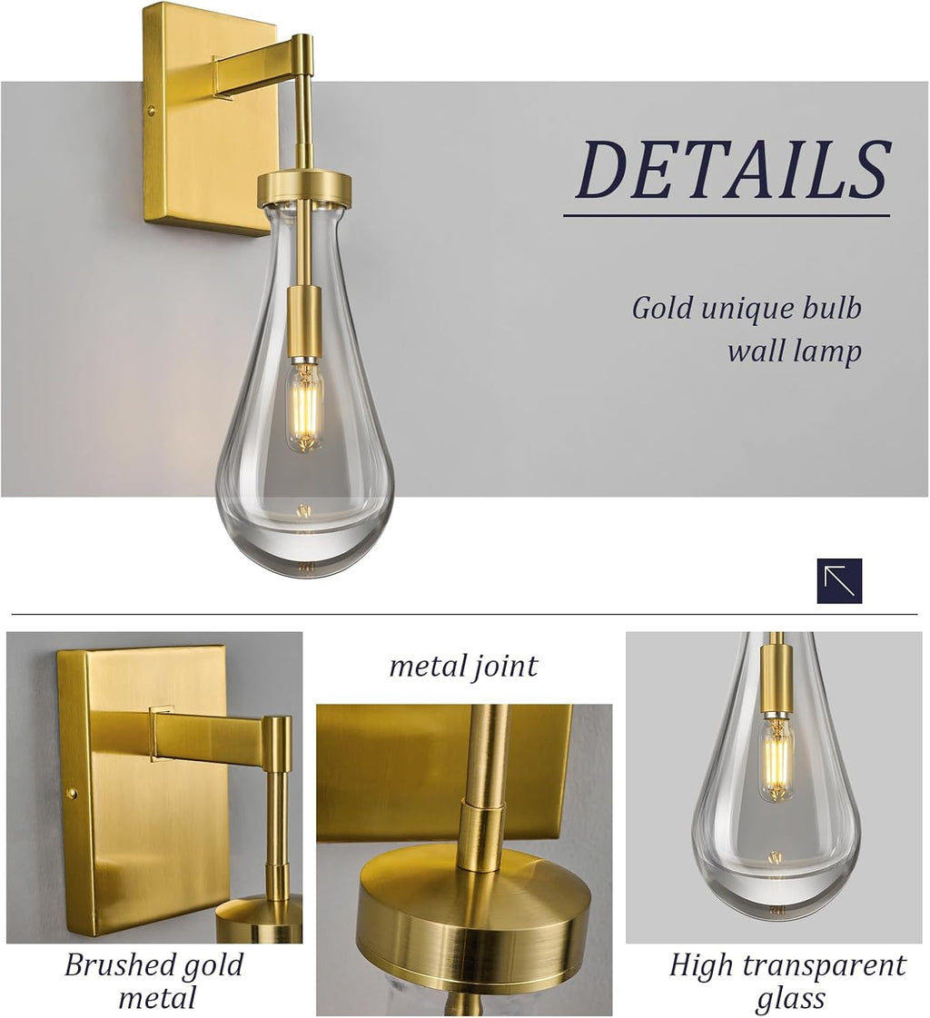 Raindrop Wall Sconces Set of Two Gold Sconces Wall Decor Modern Wall Lighting Glass Bathroom Sconces Indoor Vanity Light Wall Lamp for Bedroom Living Room Stair