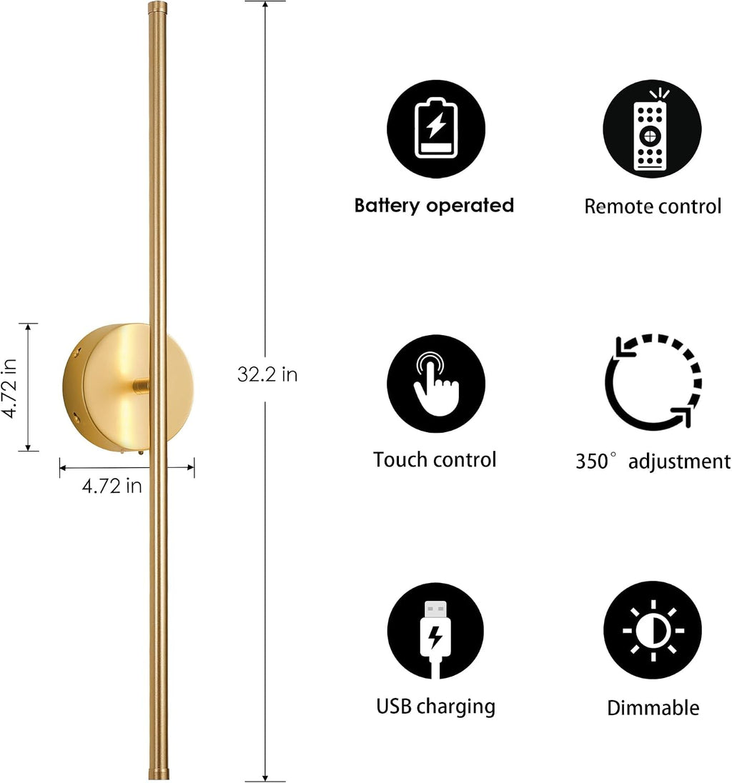 KARTOOSH Battery Operated Wall Sconces, Dimmable Wall Sconces Set of Two, 350°Rotate, 3000K LED Gold Wireless Wall Light for Living Room, Bedroom, Hallway, 32.2 Inch (2 Pack)