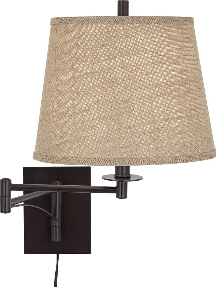 Franklin Iron Works Brinly Farmhouse Rustic Swing Arm Wall Lamp Matte Brown Metal Plug-in 12' Fixture Burlap Hardback Drum Shade for Cottage Core Bedroom Bedside Living Room Hallway Dining House