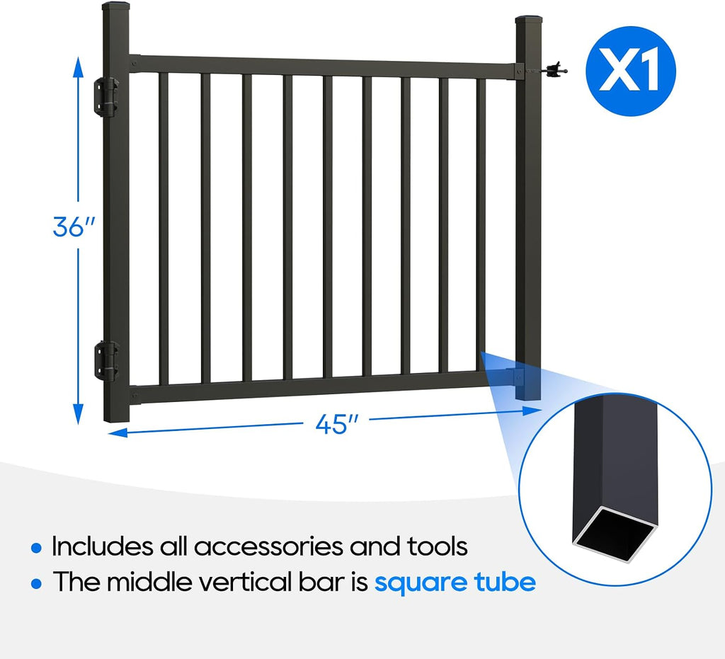 36'x45' Aluminum Gate with Self-Closing Hinges,Square Tube 3/4' pickets, Adjustable Width Black Powder Coated Deck gate Kits Incl. Hinges Latch for Deck Railing Patios Gardens Indoor Outdoor